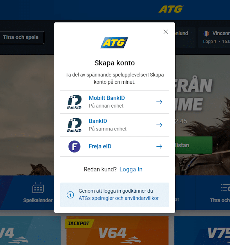 en bild som visar inloggningsalternativ på ATG. BankID på annan enhet, BankID på samma enhet eller Freja eID
