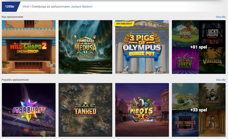 en bild som visar 8 olika slots på atg. Bland annat Starburst och Pirots 3