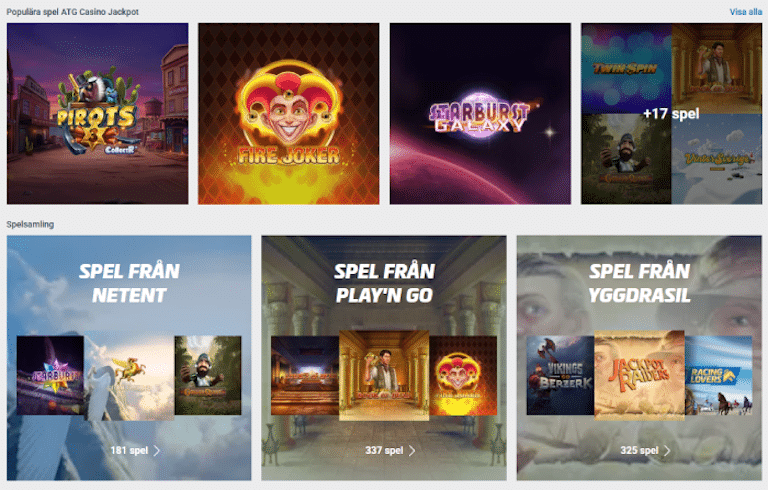 En bild som visar ATG spelsamlingar med möjlighet att välja spel från NetEnt, Play´n GO och Yggdrasil.