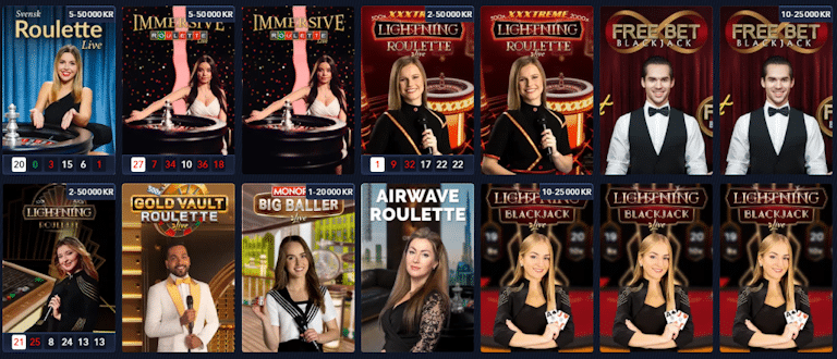 bild som visar delar av betinias live casino lobby