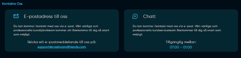 En bild som visar tillgängligheten på casino and friends support, som inte stämmer så bra