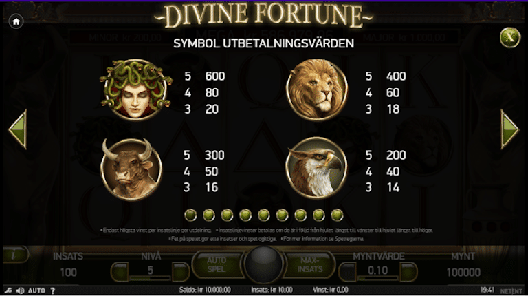 Bild på Divine Fortune vinsttabell med högvärdessymboler