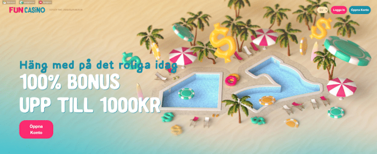 bild på en sandstrand och bonusinformation 100% upp till 1000 kr