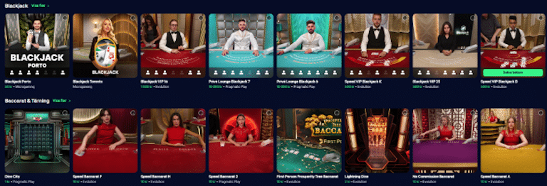 Bild som visar del av live casino lobby på Hajper