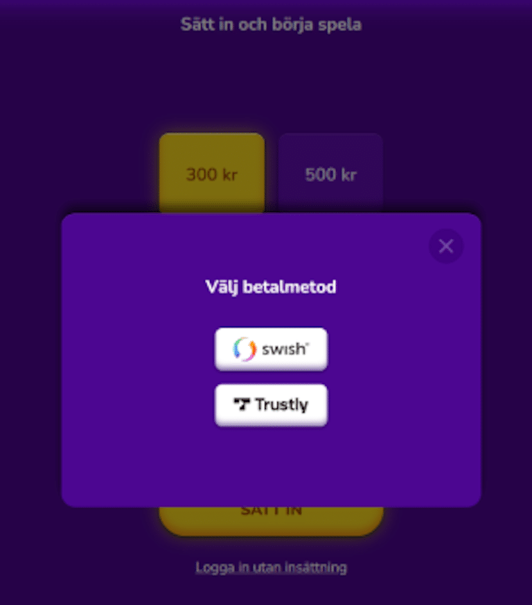 Bild som visar att man kan använda Swish och Trustly på happy casino