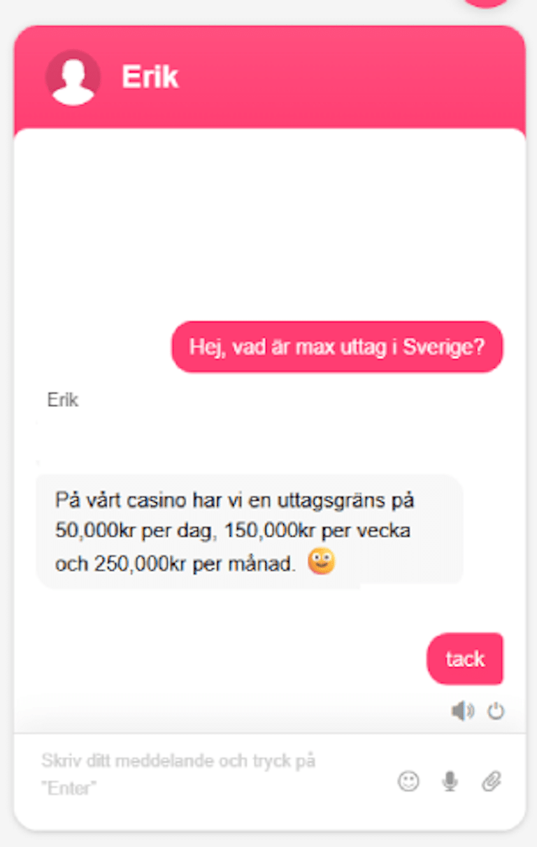 Bild som visar chatt med support på Jubla casino. Fråga ställs om max uttag och svaret är 50000 om dagen, 150 000 i veckan och 250 000 i månaden