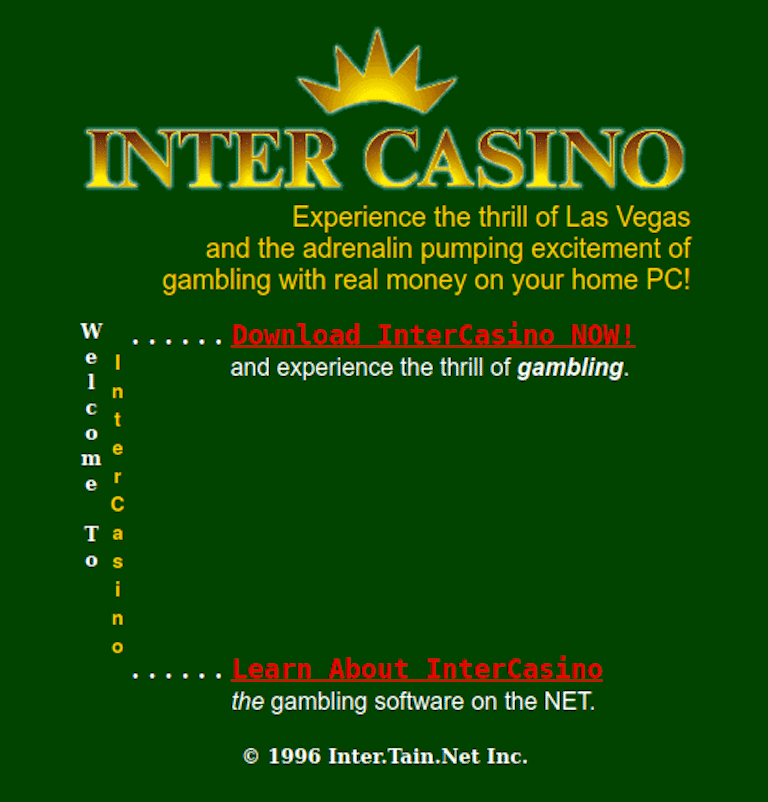 Bild som visar hur världens första online casino såg ut, det hette Inter Casino och kom 1996