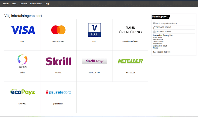 en bild som visar betalningsmetoder på Interwetten casino. VISA, Mastercard, Swish, Skrill, Neteller, Payz och Paysafecard