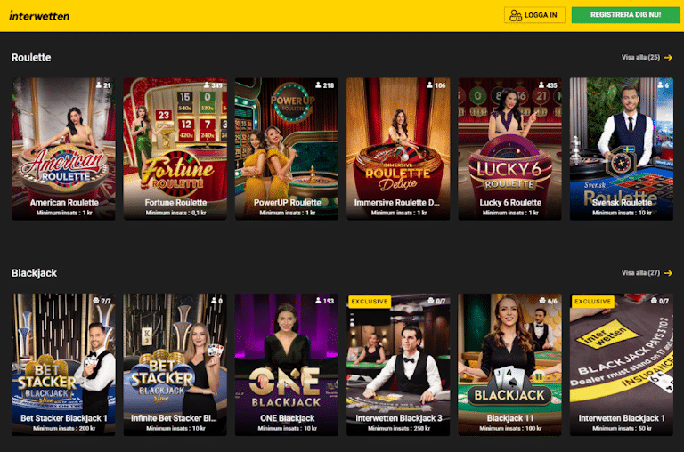 en bild på interwetten online livecasino med 12 olika bord som erbjuder roulette, blackjack och andra bordsspel