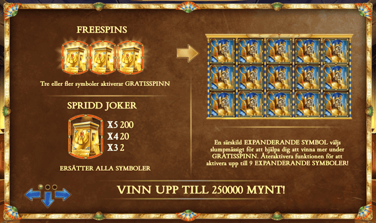 Olika specialfunktioner i sloten Legacy of Dead. Här visas Free Spins, Wild och Scatter samt Expanderande symboler.