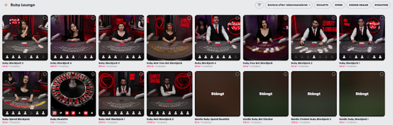 bild på lyllo live casino lobby med 16 olika bordsspel