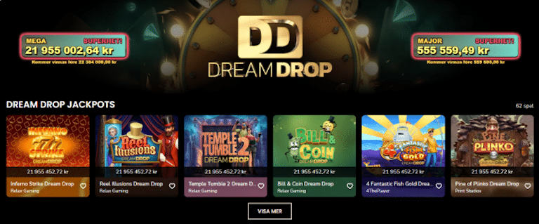 Bild som visar dreamdrop jackpottar på maria casino med högvinster man kan vinna