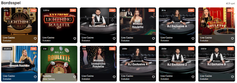 Bild som visar ett urval av livespel hos maria casino