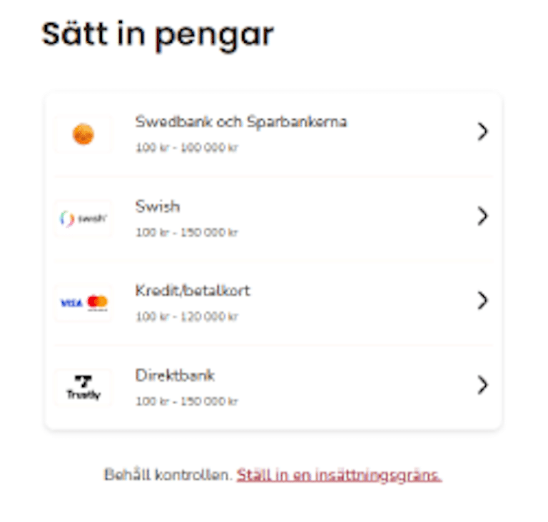 Bild som visar att det går att sätta in med Swish, Trustly, VISA, Mastercard och direkt banköverföring