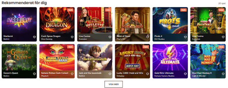 Bild som visar populära slots på Maria casino med Starburst, book of dead och flera andra titlar