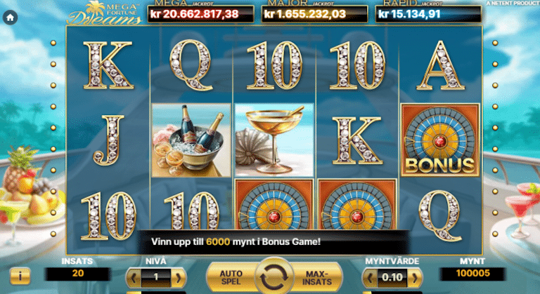 Bild som visar tre bonussymboler som aktiverar jackpottspel i Mega Fortune Dreams