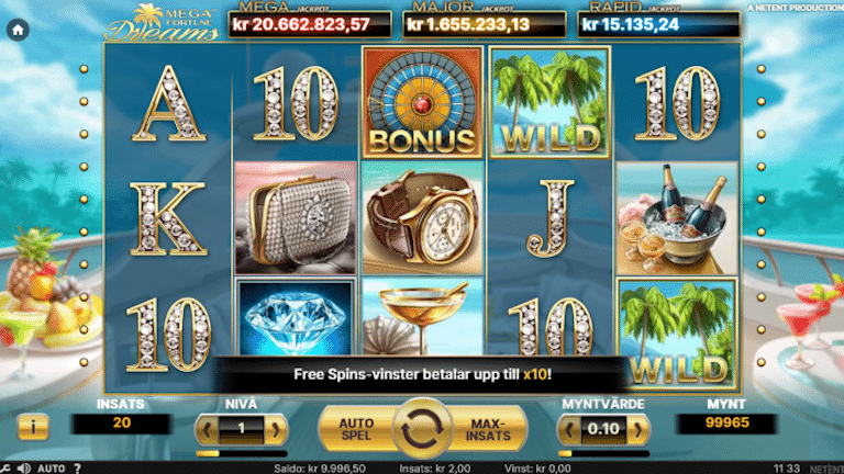 Bild som visar grundspelet i mega fortune dreams slot