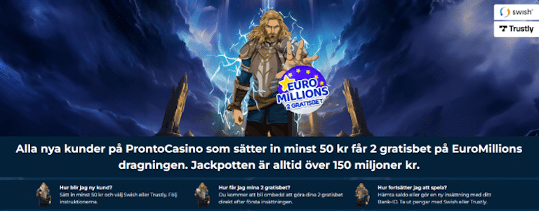 en tecknad riddare med blixtar på händerna som visar skylt med EuroMillions logotyp med orden 2 gratisbet