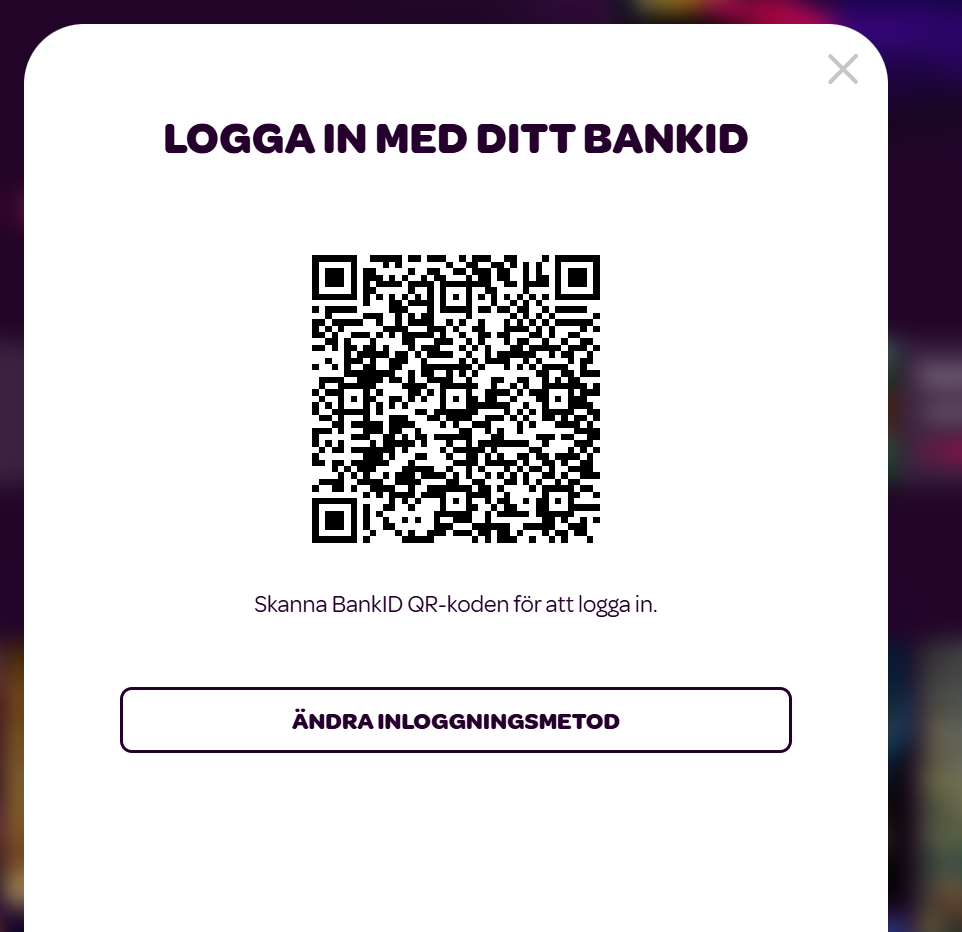Inloggningsruta på Cherry Casino med QR-kod för BankID
