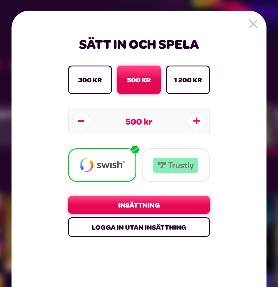 Cherry Casinos kassa med beloppen 300, 500 och 1 200 kr och betalsätten Swish och Trustly