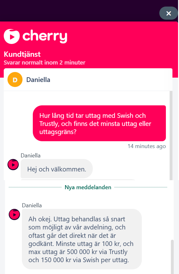 Livechatt med Cherry Casinos kundtjänst om uttagstid, minsta uttag och uttagsgräns för Swish och Trustly