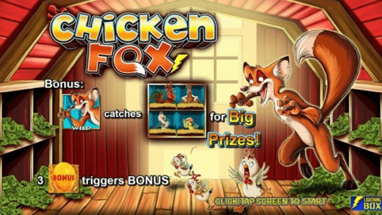 bild som visar en tecknad räv som jagar höns i ett hönshus som reklam för spelet Chicken Fox