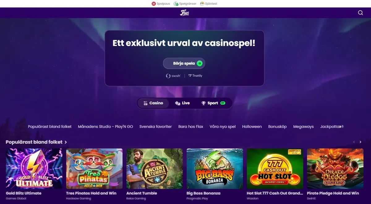 Flax casinolobby med kategoriflikarna