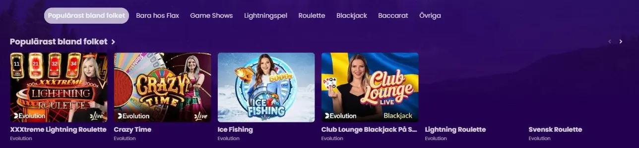 Flax live casino med flikarna för speltyper