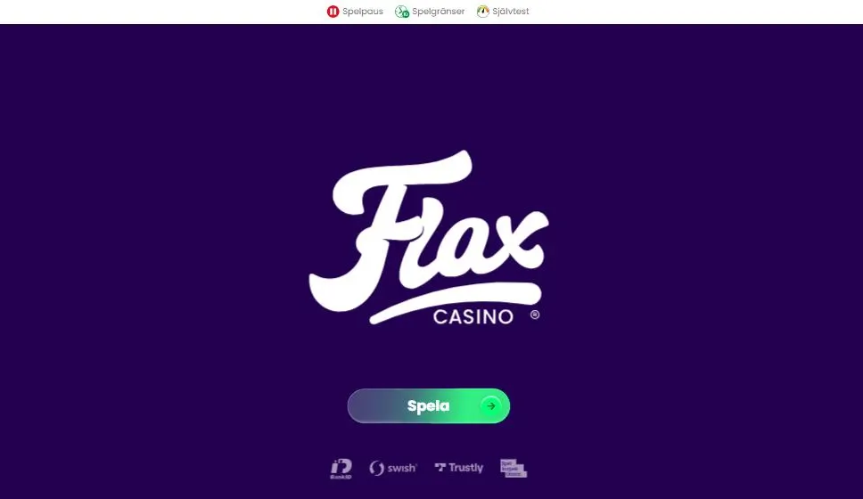 Flax startsida med Spelpaus, Spelgränser och Självtest överst