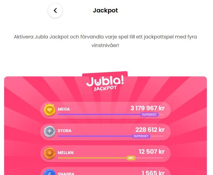 Jubla Jackpot med fyra nivåer. Pottvärdena ändras hela tiden.