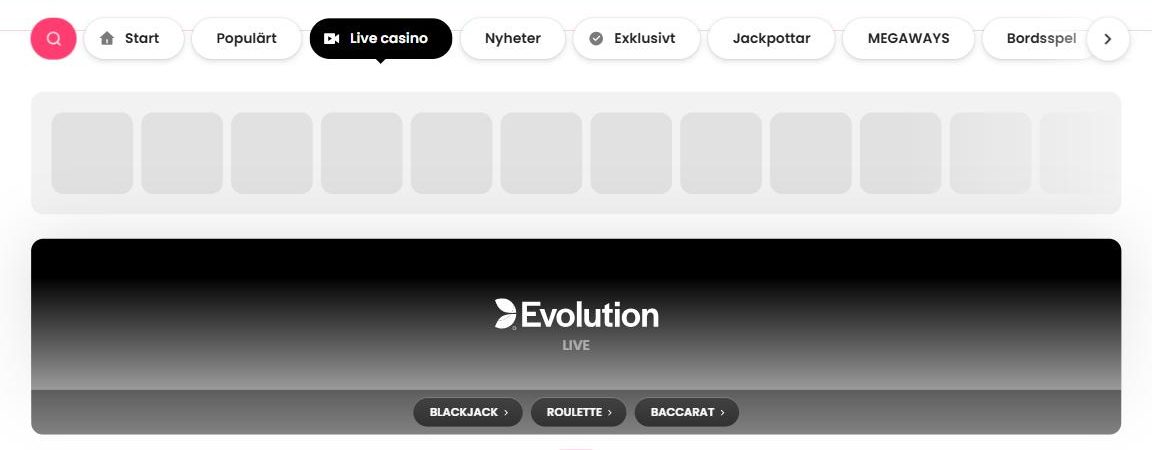 Live casino-fliken med Evolutions bord sorterade på blackjack, roulette och baccarat.