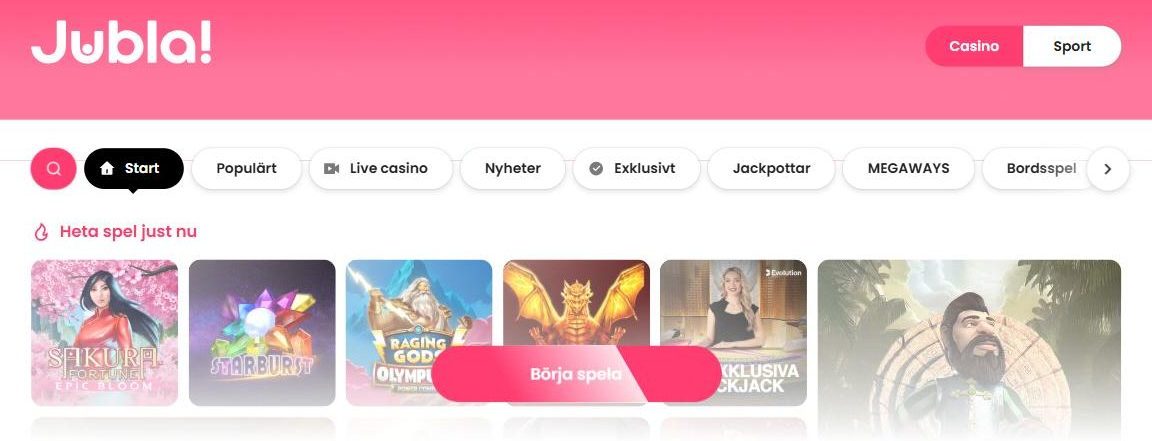 Casinolobbyn med flikarna Populärt, Live casino, Nyheter, Exklusivt, Jackpottar, Megaways och Bordsspel.