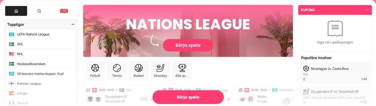 Jublas sportsbook med toppligor till vänster och spelkupongen till höger.
