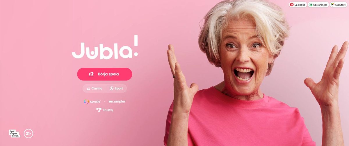 Jublas startsida med BankID-knappen, betalsätten och knapparna för Spelpaus, Spelgränser och Självtest uppe till höger.