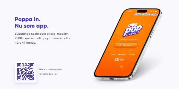 Pops appsida "Poppa in. Nu som app." med QR-kod. Skärmdump: dator, utloggad, 2 oktober 2026.