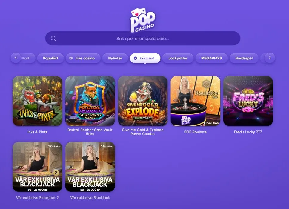 Fliken Exklusivt hos Pop Casino med sju spel. Skärmdump: dator, utloggad, 2 oktober 2026.