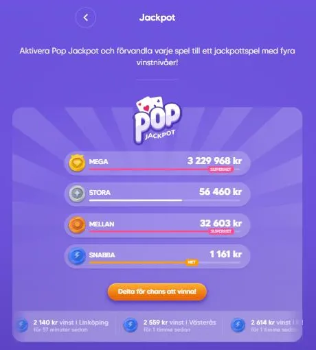 Pop Jackpot med de fyra potterna. Skärmdump: dator, utloggad, 2 oktober 2026 kl. 09:57.