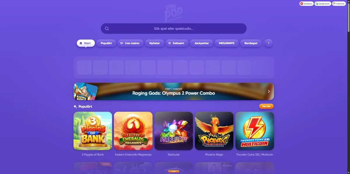 Lobbyn hos Pop Casino med flikarna Populärt, Live casino, Nyheter, Exklusivt, Jackpottar, Megaways och Bordsspel. Skärmdump: dator, utloggad, 2 oktober 2026.