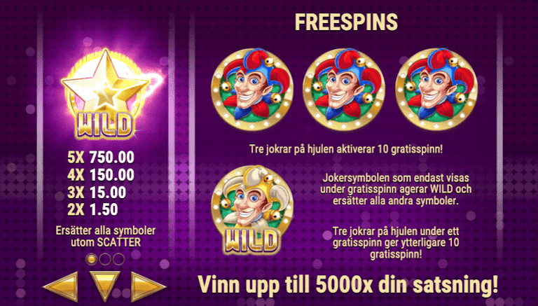 Här visas hur tre jokrar aktiverar 10 free spins i Star Joker. 
