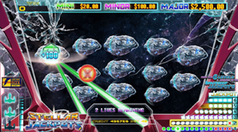 Bild som visar stellar jackpott bonusspel med asteroider som skjuts sönder av en laser