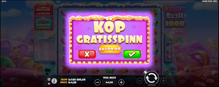 En bild som visar köp av bonus i Sugar Rush 1000 för 400 kr
