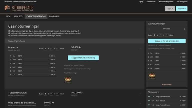 Det finns alltid intressanta casinoturneringar hos Storspelare Casino